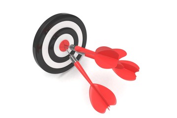 Three arrows darts in center. 3d rendering.