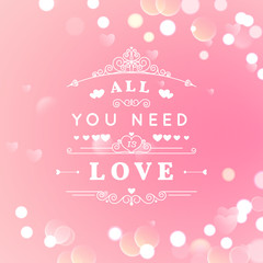 Happy Valentines Day Greeting Card with typography, heart, arrows, Bokeh background.  14 February. Vector Blurred Soft Background.