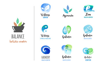 Alternative medicine and wellness, yoga concept - vector watercolor icons