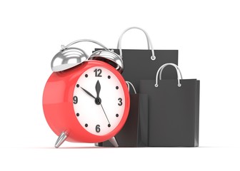 alarm clock and shopping bag (time to buy concept). 3d rendering.