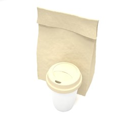 Coffee to go and lunch bag, on white. 3d rendering.