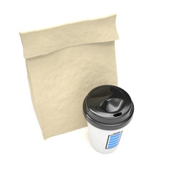 Coffee to go and lunch bag, on white. 3d rendering.