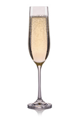 Glass of champagne with bubbles isolated on a white background.