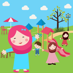 kids Islam girls and boys having fun in park wearing veil with sliding  tree