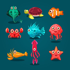Obraz premium Cute Sea Life Creatures Cartoon Animals Set