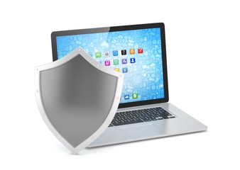 Laptop and shield on white, computer security concept. 3d rendering.