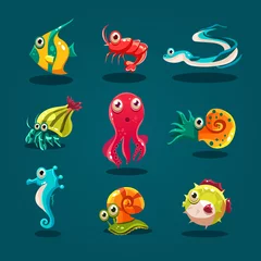 Crédence de cuisine en verre imprimé Vie marine Cute Sea Life Creatures Cartoon Animals Set