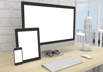 Fototapeta premium Responsive mockup screen. Monitor, tablet, phone on table in office. 3d rendering.