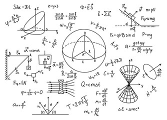Hand drawn physics formulas Science knowledge education. - obrazy, fototapety, plakaty