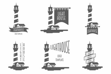 Lighthouse set of vector logos, labels, symbols or badges design templates. Black and white monochrome illustrations