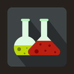 Transparent flasks with green and red liquid icon in flat style on a gray background