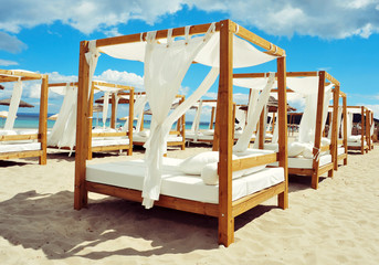 beds in a beach club in Ibiza, Spain