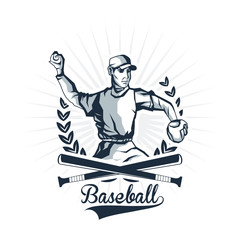 Baseball sport concept represented by cartoon player over wreath icon. Isolated and flat illustration.