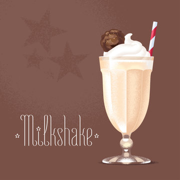 Milkshake vector illustration, design element. Isolated cartoon glass and straw with chocolate, caramel milk shake and ice cream