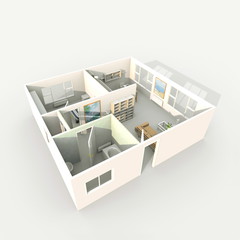 3d interior rendering perspective view of furnished home apartment: room, bathroom, bedroom, kitchen, living-room, hall, entrance, door, window, 