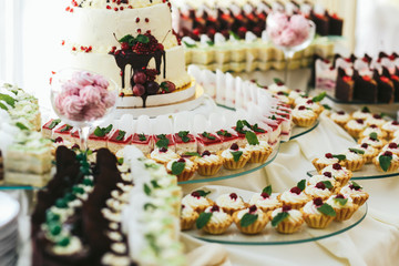 Tasty cupcakes decorated with mint stand on a rich buffet