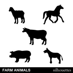 Vector Farm Animals Silhouettes Isolated on White