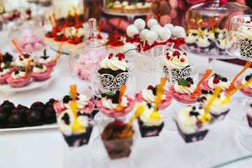 Different kinds of sweets and pastry stand on a rich wedding buf