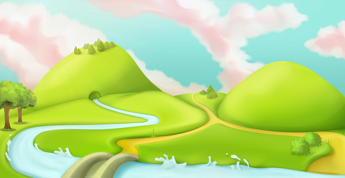 Nature landscape, cartoon game background, vector graphic mesh
