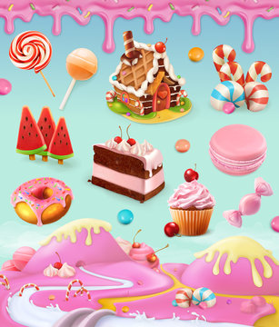 Confectionery and desserts, cake, cupcake, candy, lollipop, whipped cream, icing, set of vector graphics objects with sweet pink background, mesh illustration