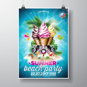 Vector Summer Beach Party Flyer Design with ice creams and music elements on ocean landscape background. Typographic design.