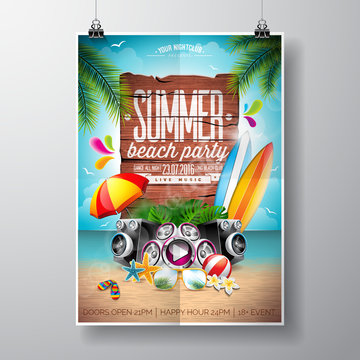 Vector Summer Beach Party Flyer Design with typographic elements on wood texture background. Summer nature floral elements, surf, board, music objects and sunglasses.