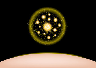 yellow circle glittering stars collagen sparkling particles. shinning glitter collagen apply on skin