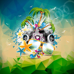 Vector Summer Holiday illustration on a Music and Party theme with speakers and sunglasses on abstract triangle background.