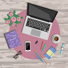 Woman working desk top view. Working place vector illustration. Working tools set - 115719911
