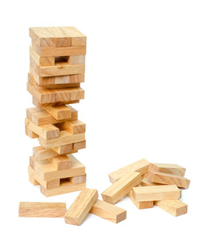 blocks wood game (jenga) on white background.