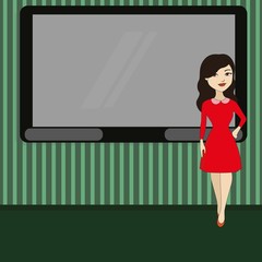 Business woman standing in front of empty TV screen