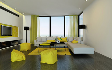 Interior of condominium living room with sofa