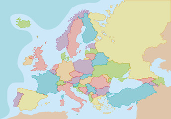 Obraz premium Political map of Europe with colors and borders for each country
