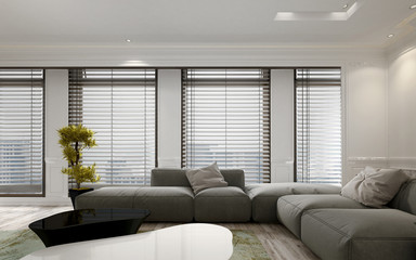 Living room interior with blinds and houseplant - obrazy, fototapety, plakaty