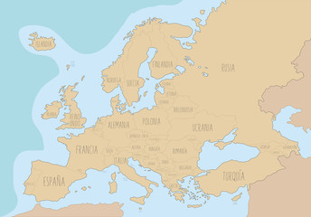 Naklejka premium Political map of Europe with names in Spanish. Vector Illustrati