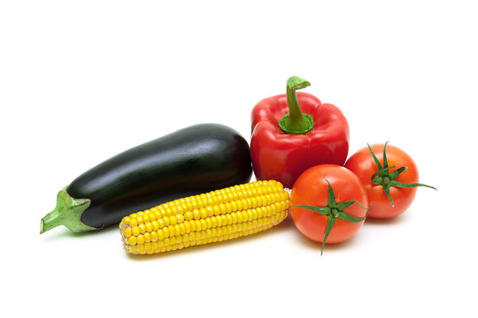 tomatoes, corn, eggplant and pepper closeup