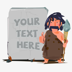 caveman with huge stone to replace your text. stone age concept