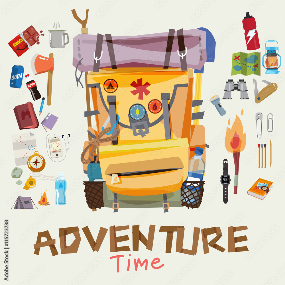 Wall mural adventure backpack with traveller objects in round frame. advent