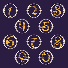 Numbers set logos in golden vintage circle.