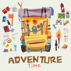 adventure backpack with traveller objects in round frame. advent - obrazy, fototapety, plakaty