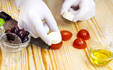 cooking mini canapes of meat and vegetable sauces