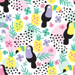 Tropical toucans and pineapples seamless pattern vector illustration