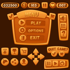 Set of orange cartoon buttons for casual games. Graphic user interface, vector illustration.