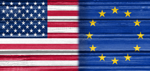 Image relative to politic relationships between United States and European Union. National flags textured by wood.