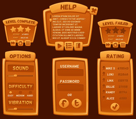 Set of orange cartoon boards and buttons for casual games. Graphic user interface, vector illustration.