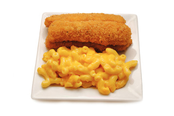 Fish Sticks Served on a Plate With Mac & Cheese