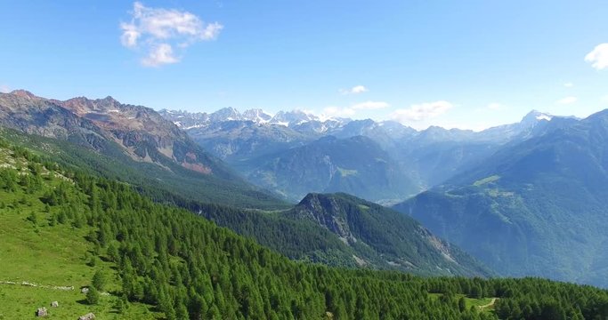 Sorvolo vallata verde - Boschi di montagna - Foresta alpi Italiane