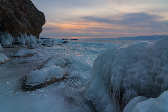 The island covered with ice. Baikal, Russia.