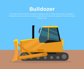 Bulldozer Banner Flat Design Vector Illustration