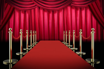 red carpet and rope barrier with red curtain background